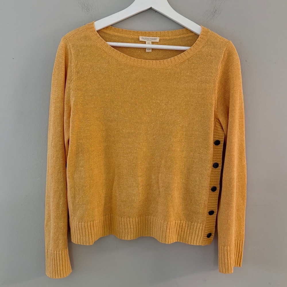Eileen‎ Fisher Petite Yellow Organic Linen Side Button Sweater WomenPS